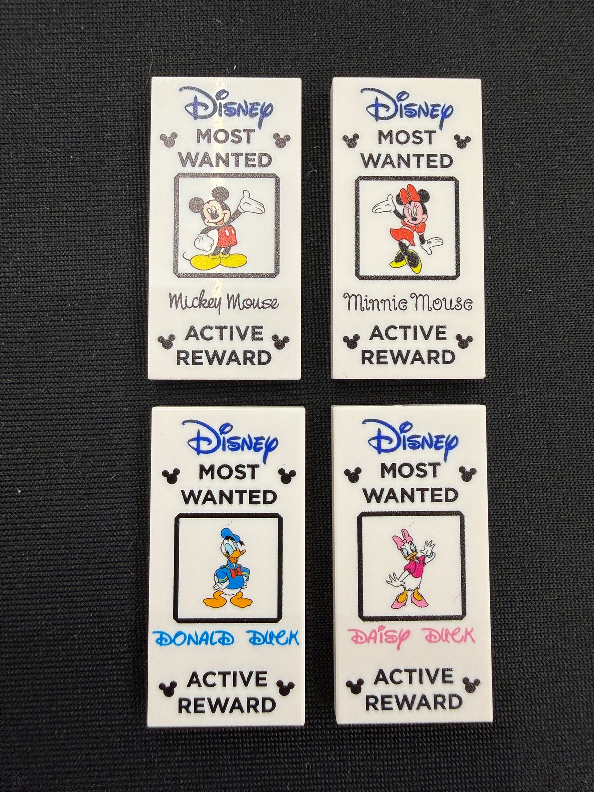 Most Wanted Mickey and Gang Tile Set of 4 - Custom Prints on Lego Tiles - Mickey Mouse, Minnie Mouse, Donald Duck, and Daisey Duck