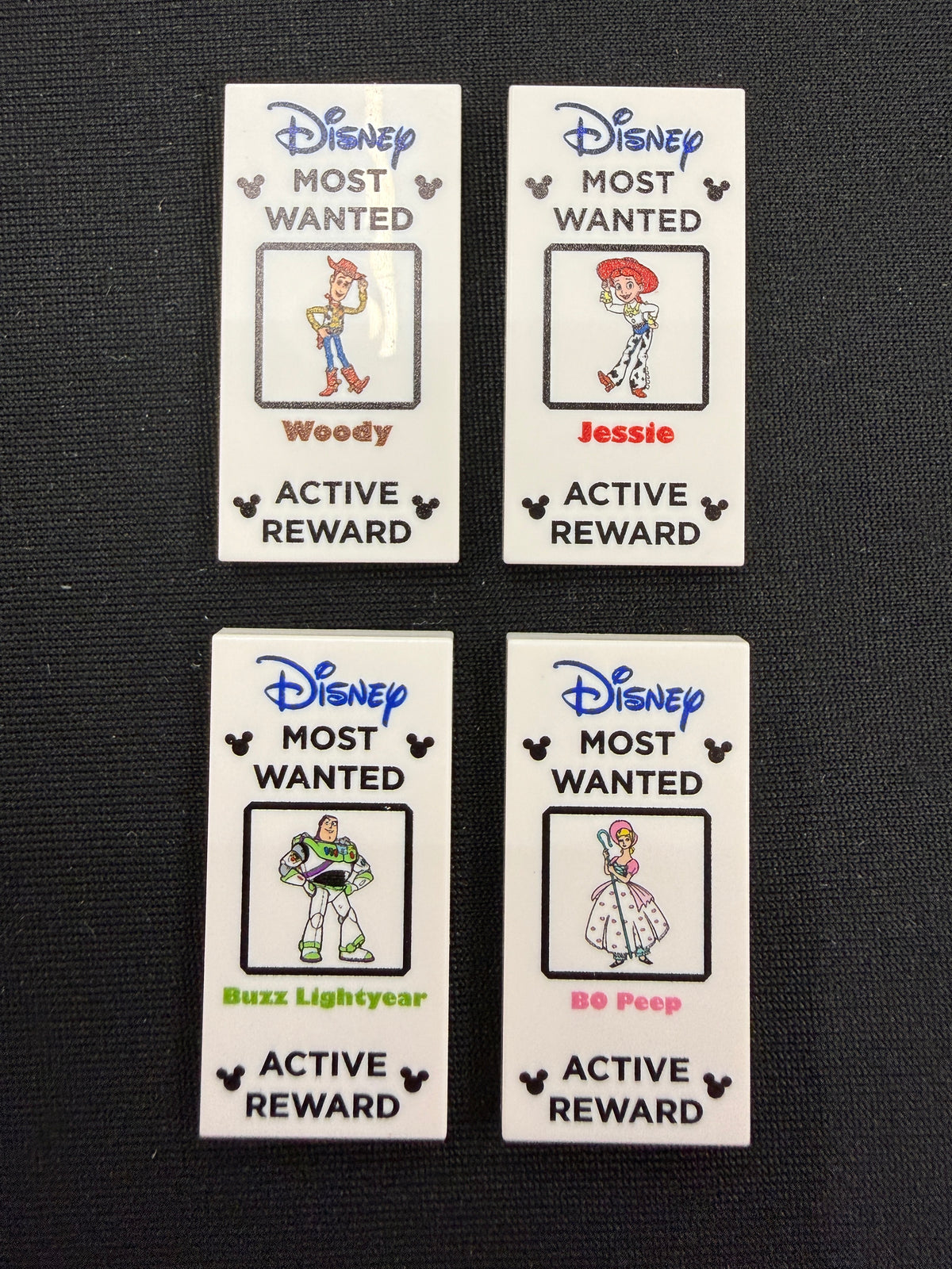 Most Wanted Pixar Tile Set of 4 - Custom Prints on Lego Tiles - Woody, Jessie, Buzz Lightyear, and Bo Peep