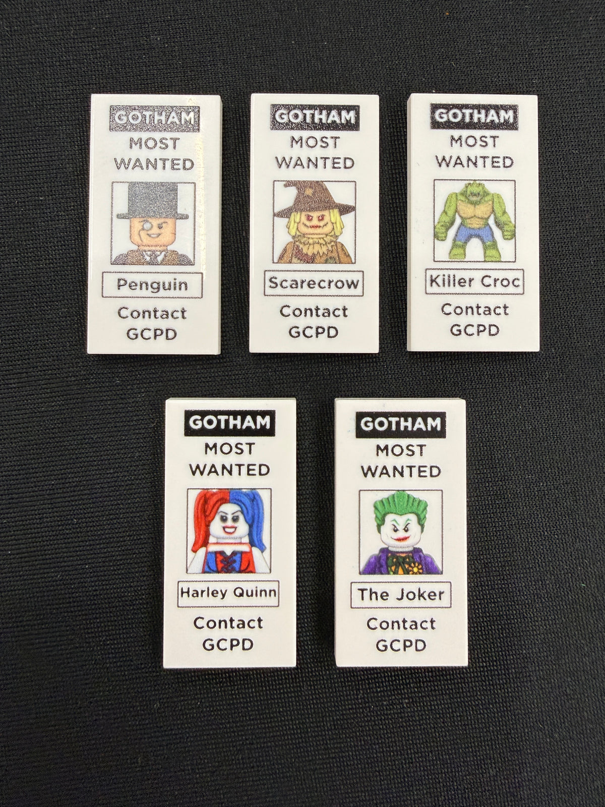 Most Wanted Gotham Tile Set of 5 (B) - Custom Prints on Lego Tiles - Penguin, Scarecrow, Killer Croc, Harley Quinn, and The Joker