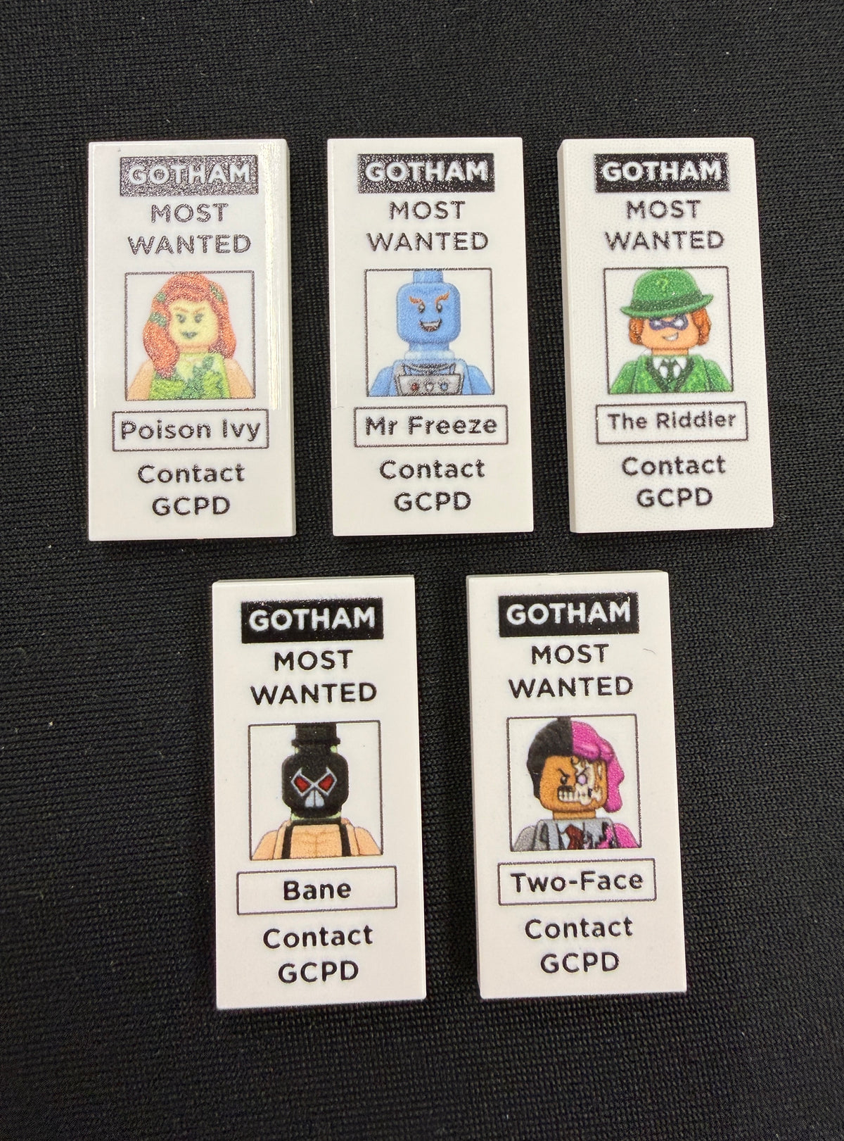 Most Wanted Gotham Tile Set of 5 (A) - Custom Prints on Lego Tiles - Poison Ivy, Mr Freeze, The Riddler, Bane, and Two-Face