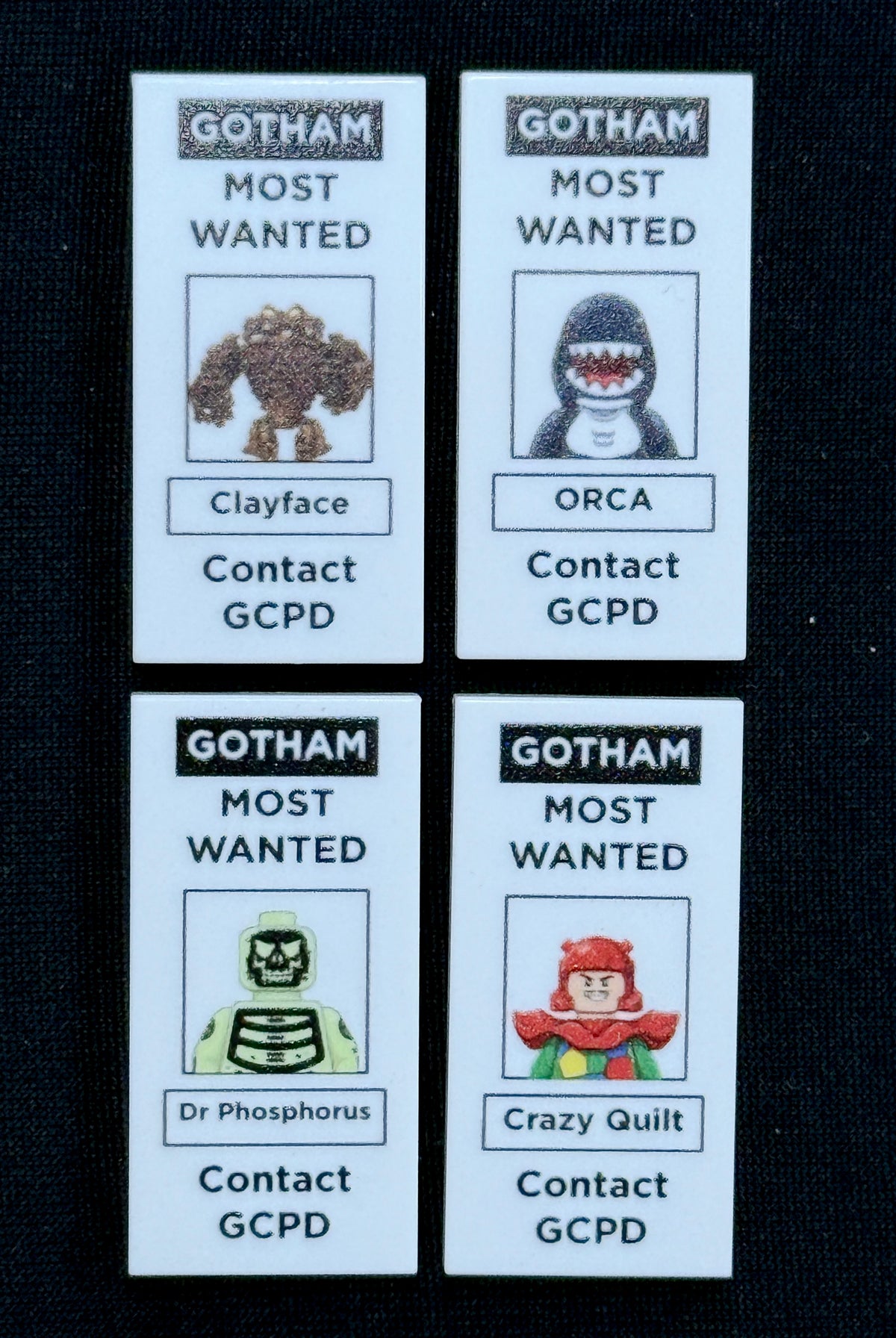 Most Wanted Gotham Tile Set of 4 (D) - Custom Prints on Lego Tiles - Clayface, ORCA, Dr. Phosphorus, and Crazy Quilt