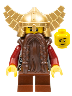 cas356 - Fantasy Era - Dwarf, Dark Brown Beard, Metallic Gold Helmet with Wings, Dark Red Arms, Smirk and Stubble Beard