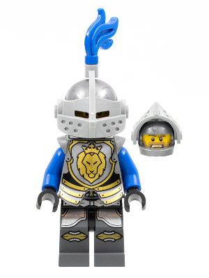 cas532 - Castle - King's Knight Armor with Lion Head with Crown, Helmet with Pointed Visor, Blue Plume, Angry Face