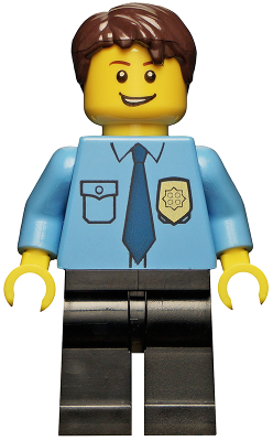 cty0216 - Police - City Shirt with Dark Blue Tie and Gold Badge, Black Legs, Dark Brown Short Tousled Hair