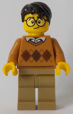 cty0902 - Medium Nougat Argyle Sweater, Dark Tan Legs, Black Hair, Large Round Glasses