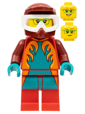 cty1351 - Freya McCloud - Stuntz Driver, Dark Red Jumpsuit with Dark Turquoise and Orange Flames, Red Legs, Dark Red Dirt Bike Helmet, White Goggles