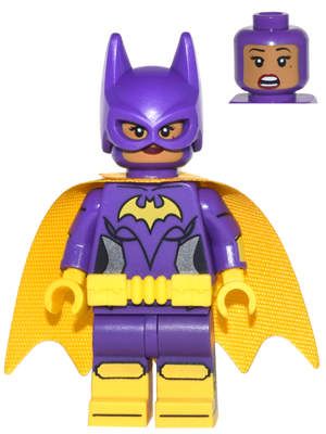 dim044 - Batgirl - Minifigure, Dark Purple Suit, Yellow Cape, Smirk / Surprised
