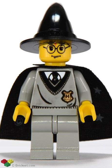 hp035 - Harry Potter - Hogwarts Torso, Light Gray Legs, Black Wizard / Witch Hat, Black Cape with Stars
