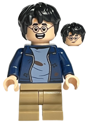 hp364 - Harry Potter - Dark Blue Open Jacket over Sand Blue Shirt with Dirt Stains, Dark Tan Medium Legs, Lopsided Grin / Open Mouth Smile with Teeth Parted