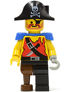 pi023 - Pirate Shirt with Knife, Black Leg with Peg Leg, Black Pirate Hat with Skull, Blue Epaulettes