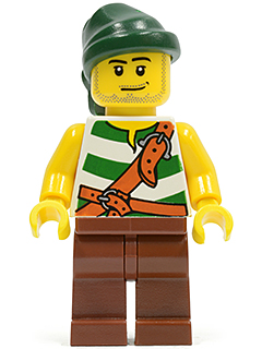 pi094 - Pirate Green / White Stripes, Reddish Brown Legs, Dark Green Bandana, Smirk and Stubble Beard