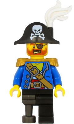 pi185 - Pirate Captain - Male, Bicorne Hat with Skull and Crossbones and White Plume, Pearl Gold Epaulettes, Blue Open Coat, Black Leg and Pearl Dark Gray Peg Leg