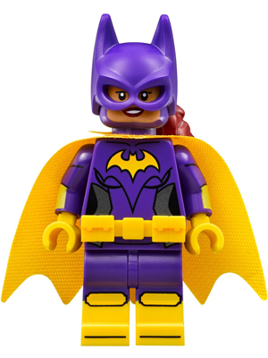 sh0305 - Batgirl - Minifigure, Dark Purple Suit, Yellow Cape, Open Mouth Smile / Concerned