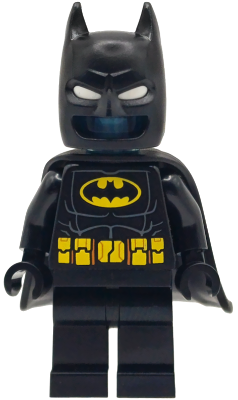 sh1115 - Batman Batsuit - Black with Yellow Belt with Medium Nougat Details, Cowl with White Eyes, Flexible Rubber Cape, Trans-Light Blue Head