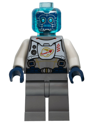 twn401 - Cyber Drone Robot - Flat Silver Spacesuit with Harness and White Panel with Classic Space Logo, Trans-Light Blue Head