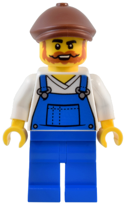 twn492 - Natural History Museum Window Washer - Male, Blue Overalls over V-Neck Shirt, Blue Legs, Reddish Brown Flat Cap, Beard
