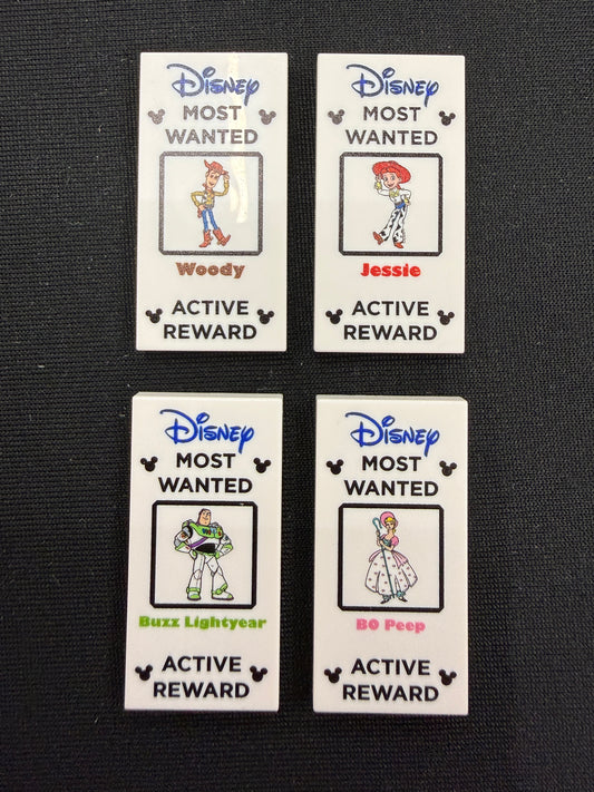 Most Wanted Pixar Tile Set of 4 - Custom Prints on Lego Tiles - Woody, Jessie, Buzz Lightyear, and Bo Peep