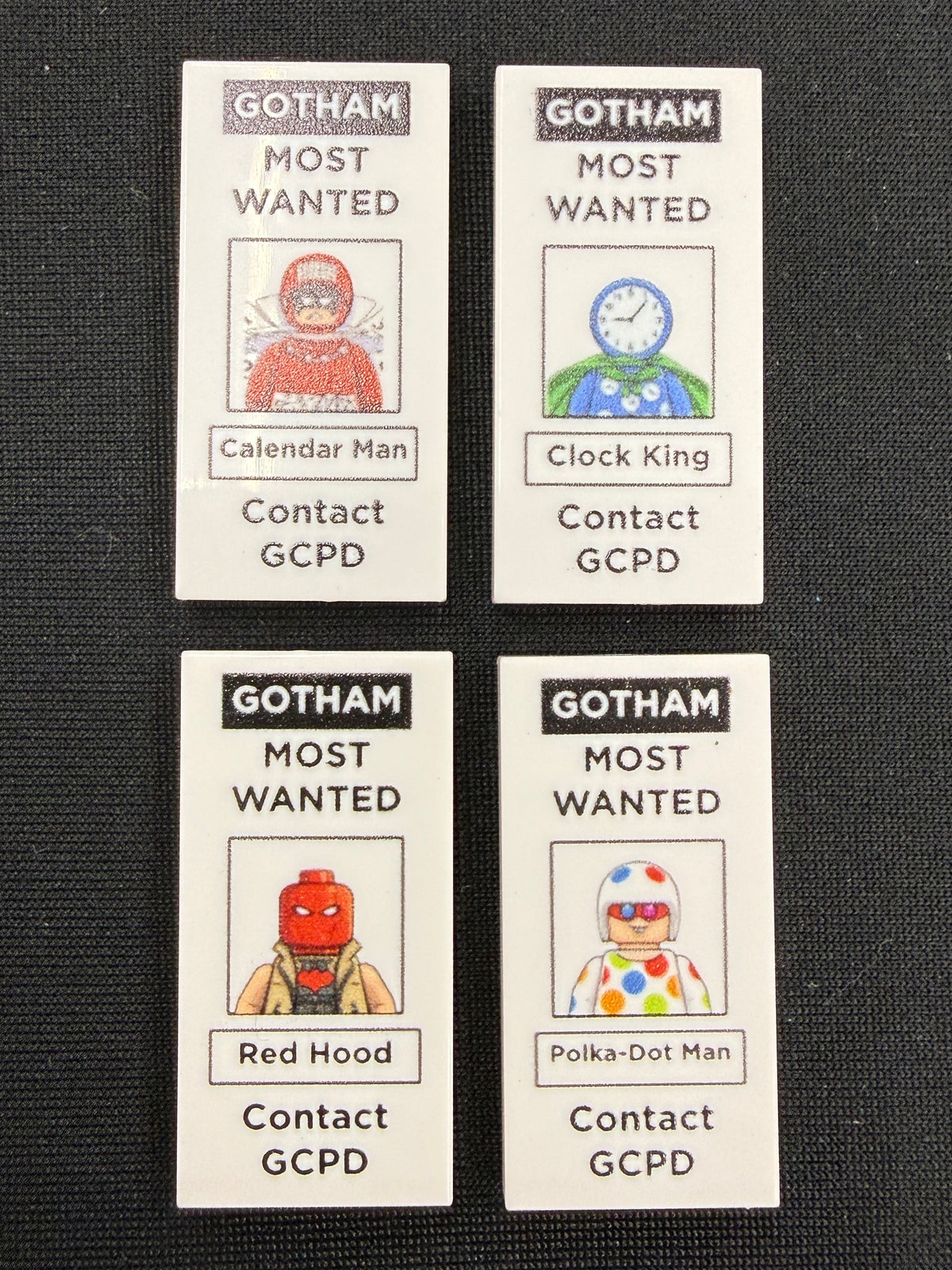 Most Wanted Gotham Tile Set of 4 (C) - Custom Prints on Lego Tiles - Calendar Man, Clock King, Red Hood, and Polka-Dot Man