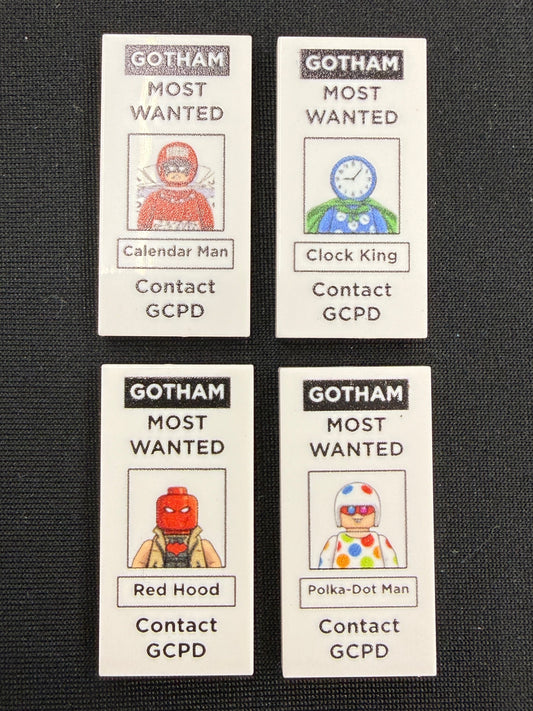 Most Wanted Gotham Tile Set of 4 (C) - Custom Prints on Lego Tiles - Calendar Man, Clock King, Red Hood, and Polka-Dot Man