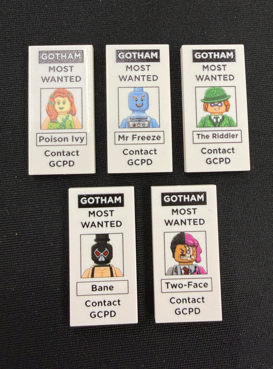 Most Wanted Gotham Tile Set of 5 (A) - Custom Prints on Lego Tiles - Poison Ivy, Mr Freeze, The Riddler, Bane, and Two-Face
