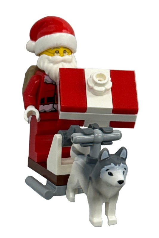 hol110b - Santa with Sleigh, Gift, and Husky Dog
