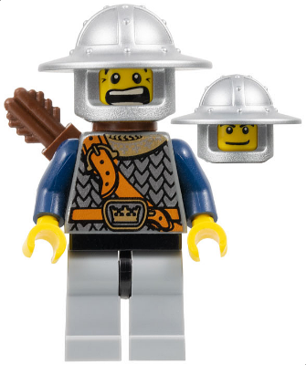 cas374 - Fantasy Era - Crown Knight Scale Mail with Chest Strap, Helmet with Broad Brim, Dual Sided Head, Light Bluish Gray Legs, Quiver