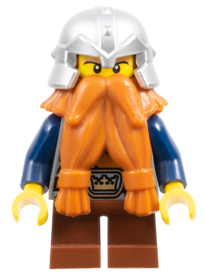 cas377 - Fantasy Era - Dwarf, Dark Orange Beard, Metallic Silver Helmet with Studded Bands, Dark Blue Arms, Pale Brown Beard