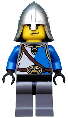 cas521 - Castle - King's Knight Blue and White with Chest Strap and Crown Belt, Helmet with Neck Protector, Angry Eyebrows and Scowl