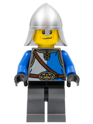 cas530 - Castle - King's Knight Blue and White with Chest Strap and Crown Belt, Helmet with Neck Protector, Scared Face