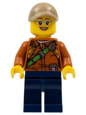 col308 - City Jungle Explorer Female - Dark Orange Shirt with Green Strap, Dark Blue Legs, Silver Glasses, Dark Tan Cap with Hole