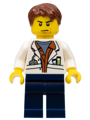 col309 - City Jungle Scientist - White Lab Coat with Test Tubes, Dark Blue Legs, Reddish Brown Parted Hair, Scowl