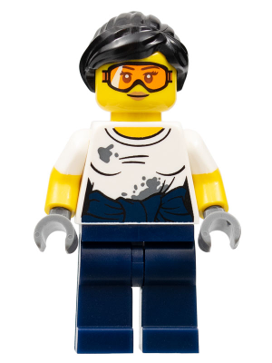 col310 - City Jungle Mechanic Female - Black Ponytail, Orange Goggles, White T-Shirt with Oil Stains, Dark Blue Legs