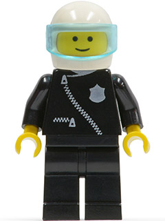 cop004 - Police - Zipper with Badge, Black Legs, White Helmet, Trans-Light Blue Visor