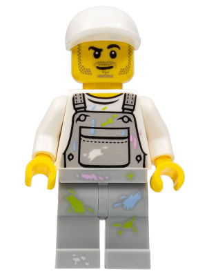 cty0897 - Painter - Male, Light Bluish Gray Overalls with Paint Splotches, White Cap, Stubble