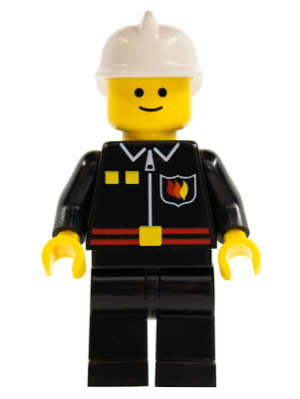 firec022 - Fire - Flame Badge and 2 Buttons, Black Legs, White Fire Helmet, Black Legs, Smile