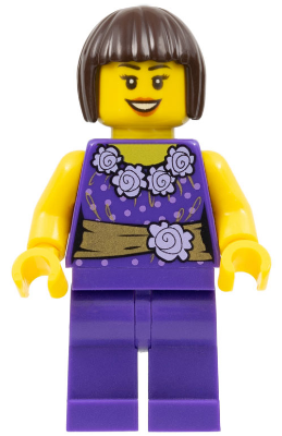 hol053 - Female Dark Purple Blouse with Gold Sash and Flowers, Dark Purple Legs, Dark Brown Bob Cut Hair
