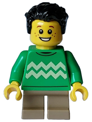 hol332 - Child - Boy, Bright Green Sweater with Bright Light Yellow Zigzag Lines, Dark Tan Short Legs, Black Tousled Hair, Freckles
