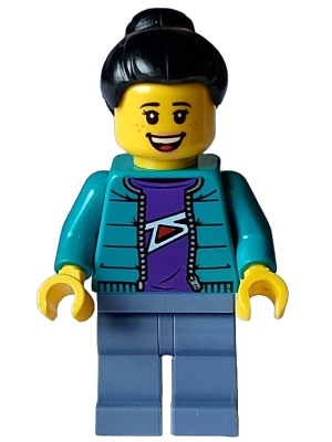 hol353 - Woman - Dark Turquoise Jacket over Dark Purple Shirt, Sand Blue Legs, Black Hair Top Knot Bun