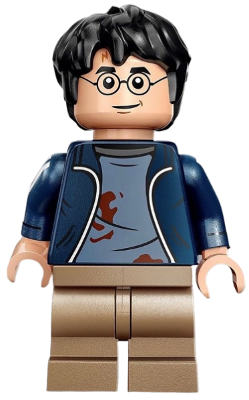 hp419 - Harry Potter - Dark Blue Open Jacket over Sand Blue Shirt with Dirt Stains, Printed Arms, Dark Tan Medium Legs