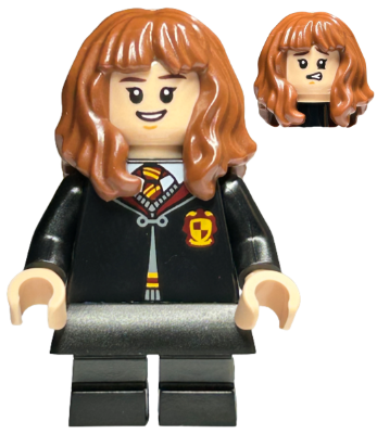 hp439 - Hermione Granger - Gryffindor Robe Clasped, Black Skirt, Black Short Legs with Dark Bluish Gray Stripes, Open Mouth Smile / Confused