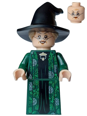 hp473 - Professor Minerva McGonagall - Dark Green Robe over Black Dress, Hat with Hair, Printed Arms