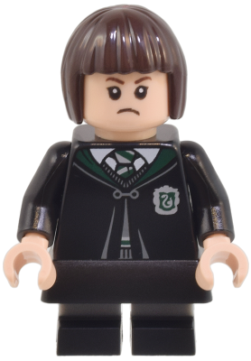 hp492 - Pansy Parkinson - Slytherin Robe Clasped, Black Skirt, Black Short Legs with Dark Bluish Gray Stripes