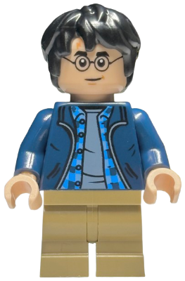 hp544 - Harry Potter - Dark Blue Open Jacket over Plaid Shirt with Collar and Sand Blue Shirt, Dark Tan Medium Legs