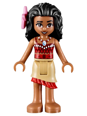 moa002 - Moana (Medium Nougat) - Mini Doll, Dark Red and Red Top with Strap, Tan Layered Skirt with Red Ruffle, Black Hair, Bright Pink Flower