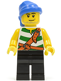 pi096 - Pirate Green / White Stripes, Black Legs, Blue Bandana, Smirk and Stubble Beard