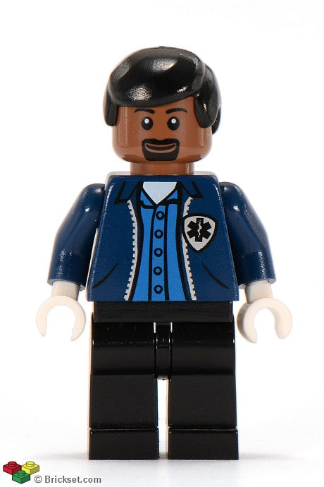 spd023 - Ambulance Driver, Dark Blue Torso with EMT Star of Life Logo, Black Legs, Black Male Hair