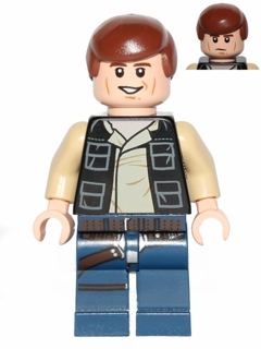 sw0539 - Han Solo - Black Vest with Pockets over Tan Shirt with Dark Tan Creases, Dark Blue Legs with Belts, Smooth Hair
