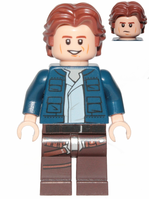 sw1021 - Han Solo, Dark Brown Legs with Holster Pattern, Dark Blue Jacket, Wavy Hair, Smile / Frown