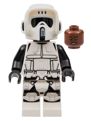 sw1229 - Imperial Scout Trooper - Female, Dual Molded Helmet, Reddish Brown Head, Open Mouth Smirk