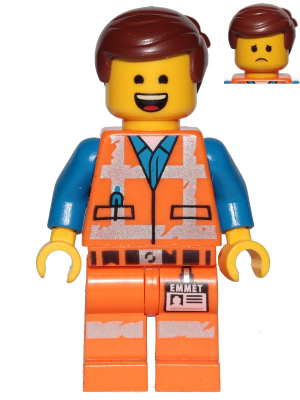 tlm105a - Emmet - Wide Smile with Teeth and Tongue / Sad, Worn Uniform